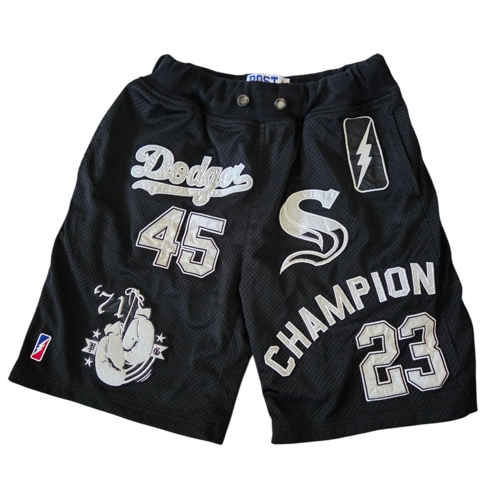 Post Game Mens XL Black Mesh Basketball Shorts Multi Patch Graphic Streetwear